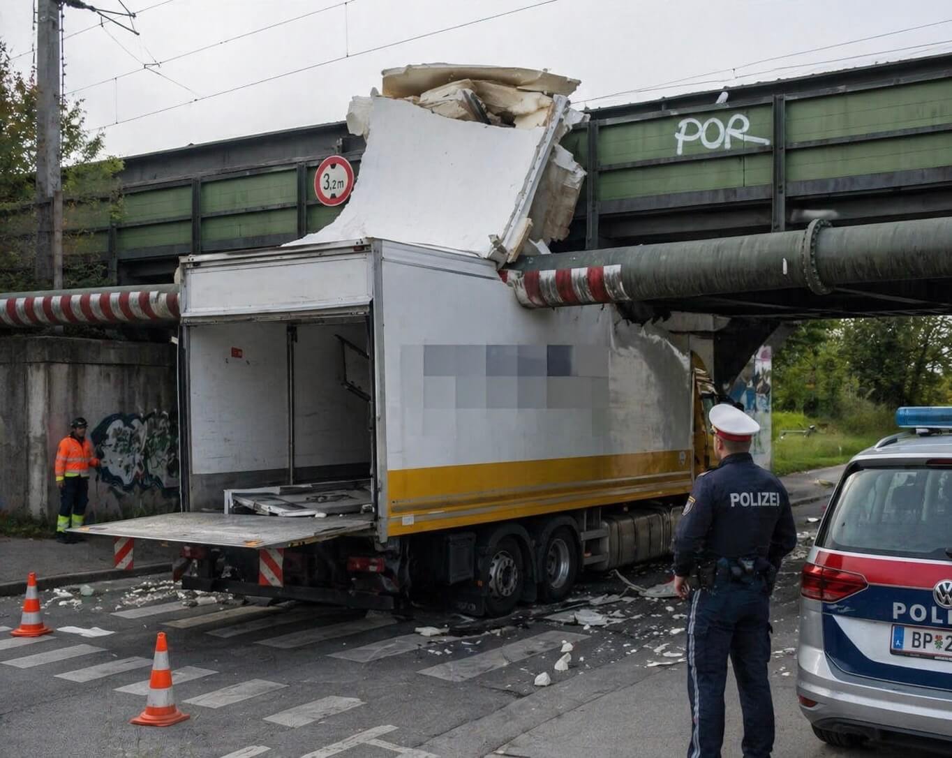 Dornbirn’de köprüye takılan TIR demiryolu ulaşımını aksattı
